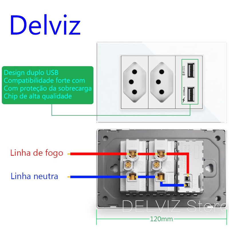 Delviz Brasil Padrão Tomada, Painel de soquete de cristal temperado, Cor branco