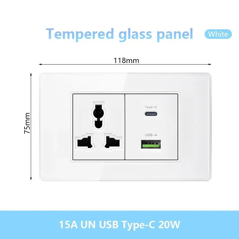 Tomada de parede de carga rápida usb inteligente tipo-c 20w americana, painel d