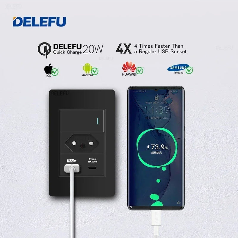 DELEFU Painel PC Fireproof Duplo USB Tipo C Carga Brasil Tomada Padrão Parede P