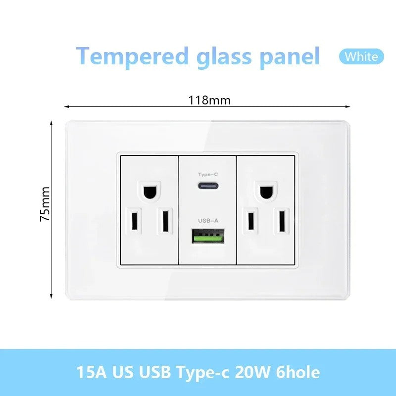 Tomada de parede de carga rápida usb inteligente tipo-c 20w americana, painel d