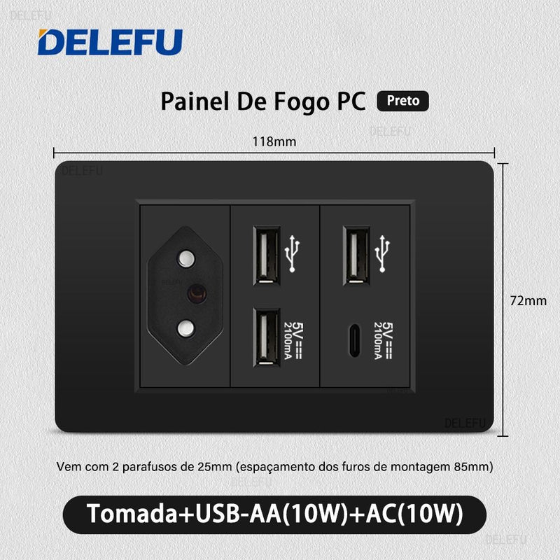 DELEFU Painel PC Fireproof Duplo USB Tipo C Carga Brasil Tomada Padrão Parede P