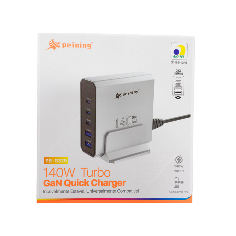 PEI-G329 CARREGADOR GAN 140W 2 USB + 3 TPC