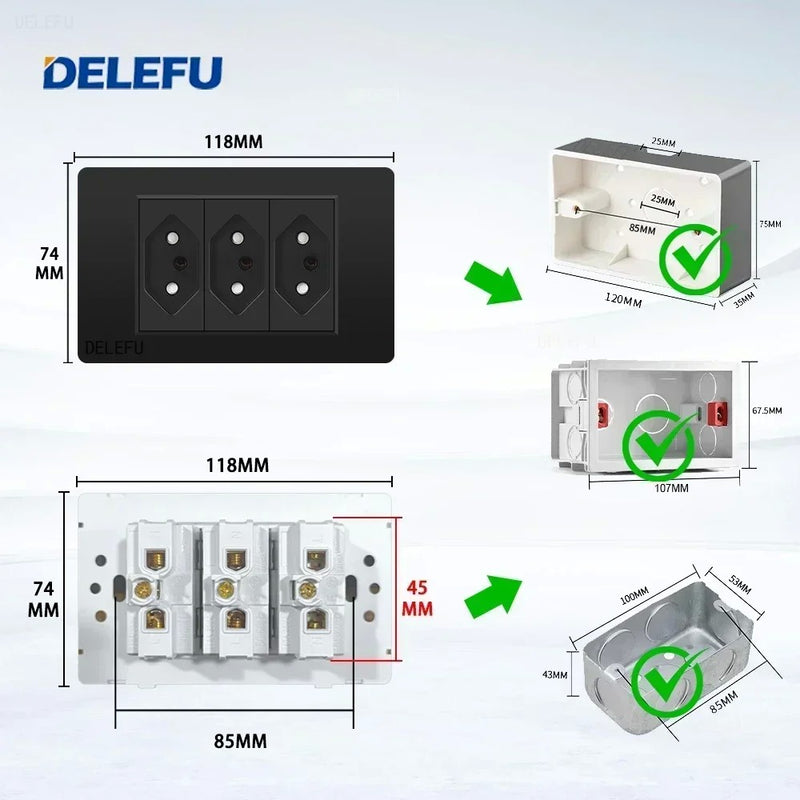 DELEFU Painel PC Fireproof Duplo USB Tipo C Carga Brasil Tomada Padrão Parede P