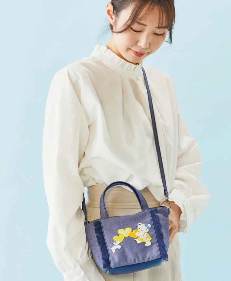 Bolsa de bordados de grande capacidade para mulheres, sacola jeans, urso bonito,