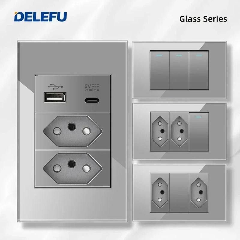 DELEFU Temperado Vidro Cinza Brasil Standard Outlet Dual Usb Tipo C Suíça Wall