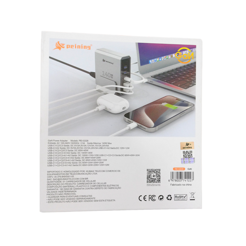 PEI-G329 CARREGADOR GAN 140W 2 USB + 3 TPC