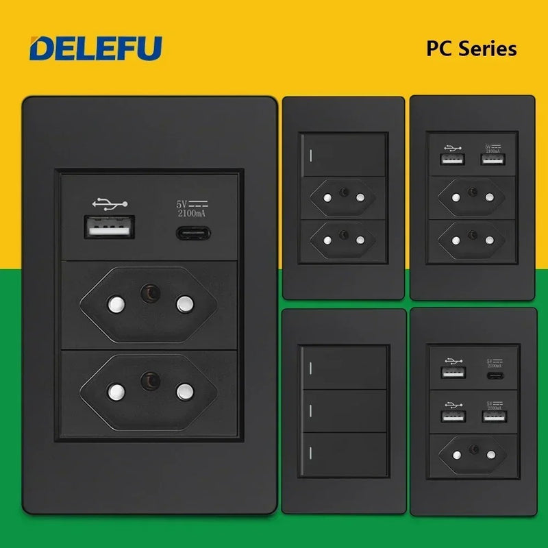 DELEFU Painel PC Fireproof Duplo USB Tipo C Carga Brasil Tomada Padrão Parede P