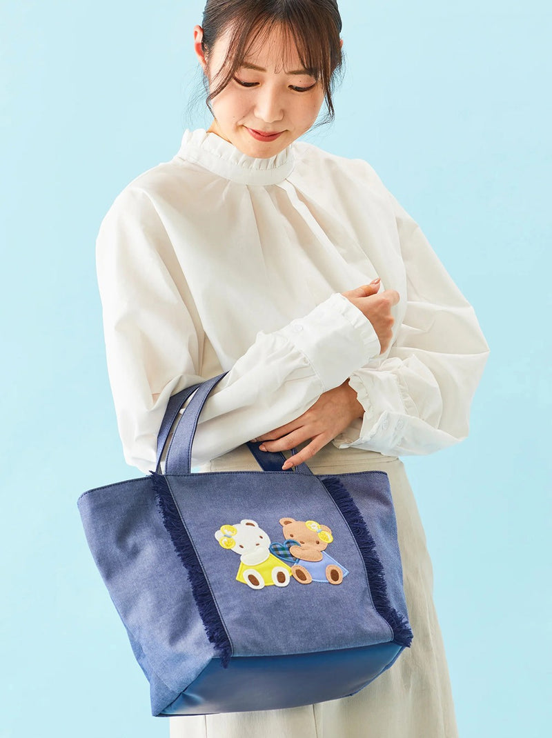 Bolsa de bordados de grande capacidade para mulheres, sacola jeans, urso bonito,