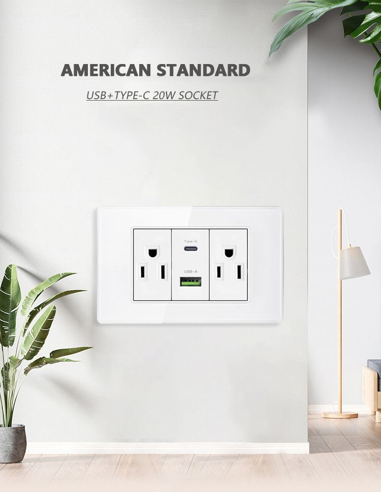Tomada de parede de carga rápida usb inteligente tipo-c 20w americana, painel d