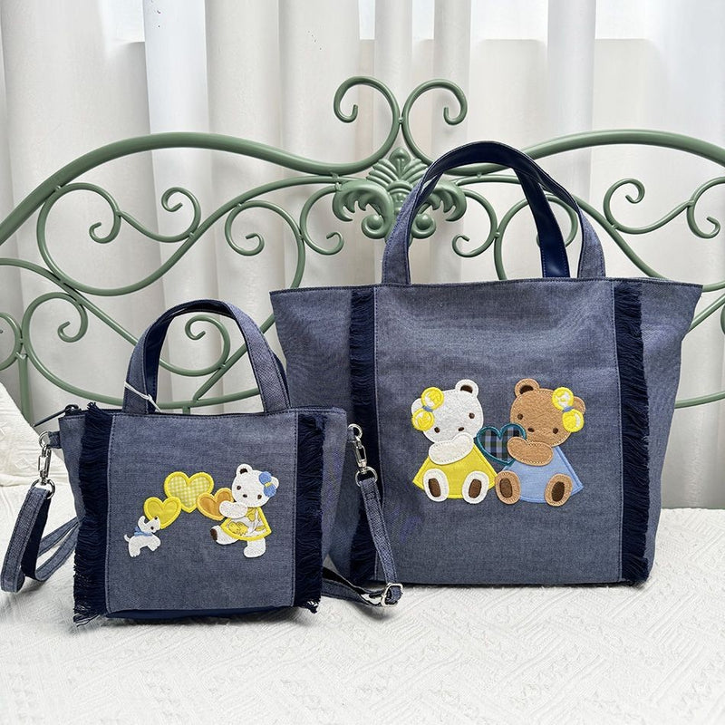 Bolsa de bordados de grande capacidade para mulheres, sacola jeans, urso bonito,