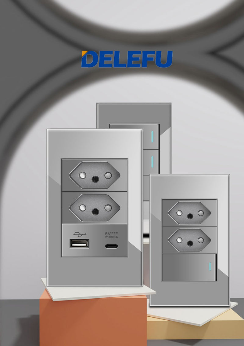 DELEFU Temperado Vidro Cinza Brasil Standard Outlet Dual Usb Tipo C Suíça Wall