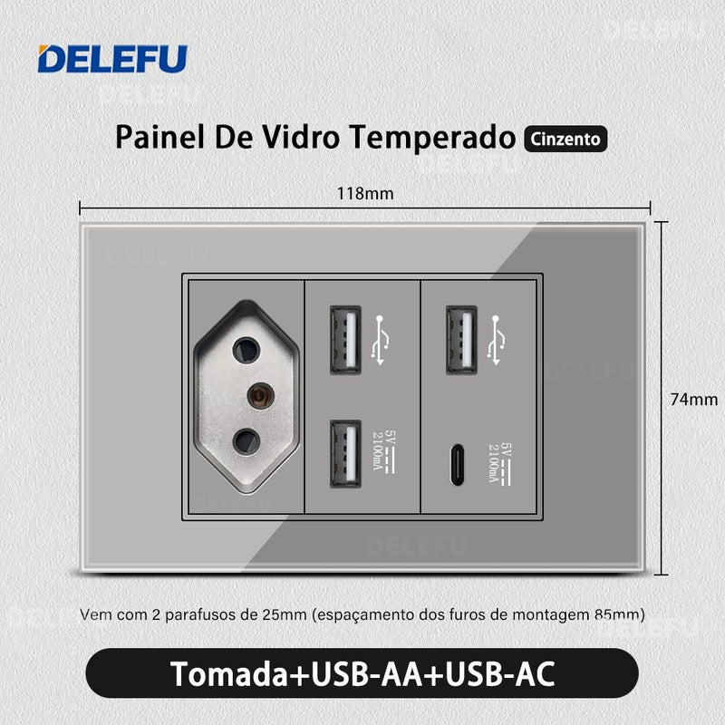 DELEFU Temperado Vidro Cinza Brasil Standard Outlet Dual Usb Tipo C Suíça Wall