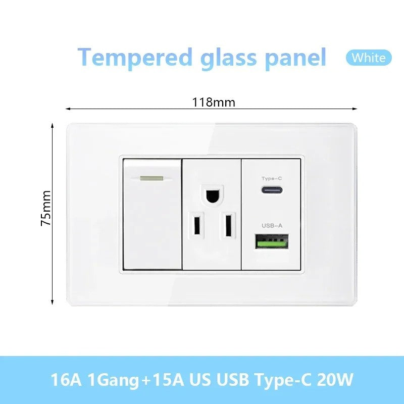 Tomada de parede de carga rápida usb inteligente tipo-c 20w americana, painel d