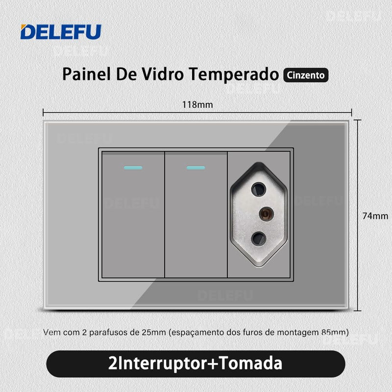 DELEFU Temperado Vidro Cinza Brasil Standard Outlet Dual Usb Tipo C Suíça Wall
