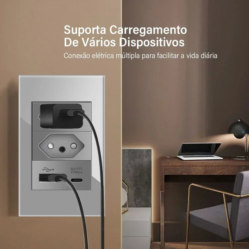 DELEFU Temperado Vidro Cinza Brasil Standard Outlet Dual Usb Tipo C Suíça Wall