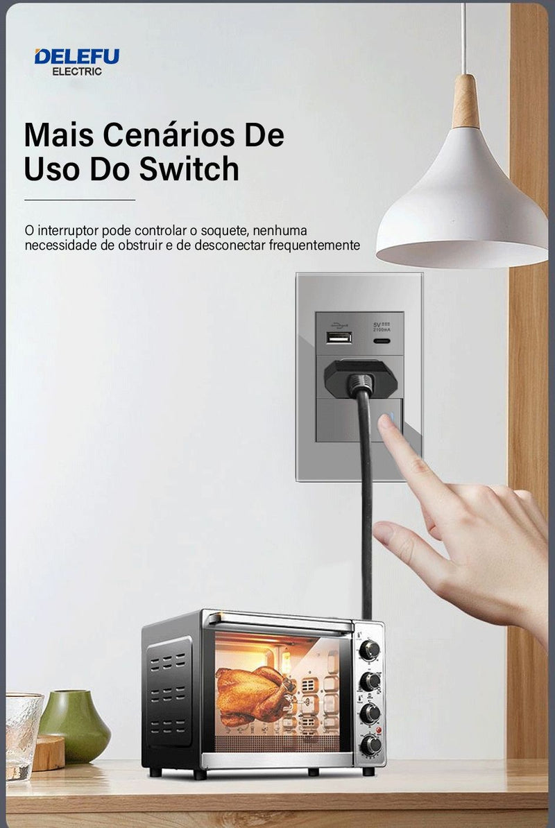 DELEFU Temperado Vidro Cinza Brasil Standard Outlet Dual Usb Tipo C Suíça Wall