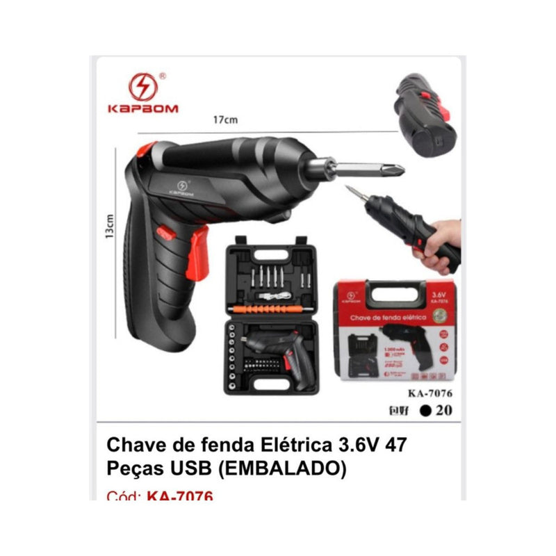 CHAVE DE FENDA ELÉTRICA 3.6V 47 PÇS KA-7076 KAPBOM Código PRD582235912155102