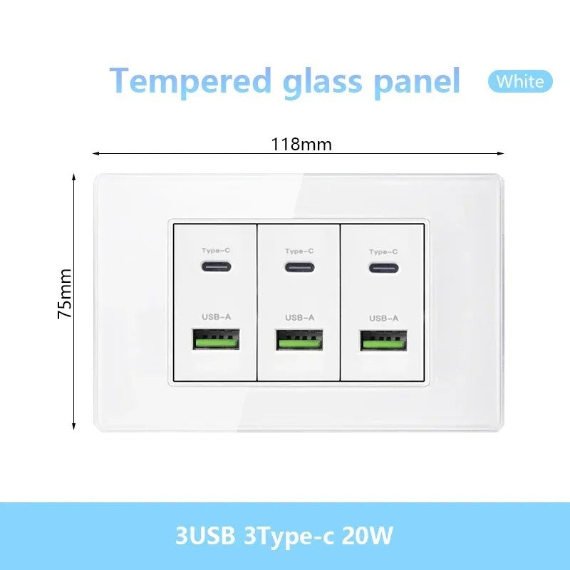 Tomada de parede de carga rápida usb inteligente tipo-c 20w americana, painel d