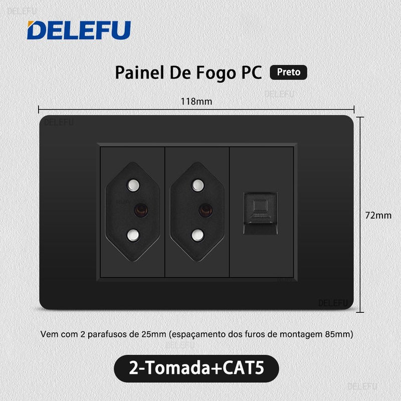 DELEFU Painel PC Fireproof Duplo USB Tipo C Carga Brasil Tomada Padrão Parede P