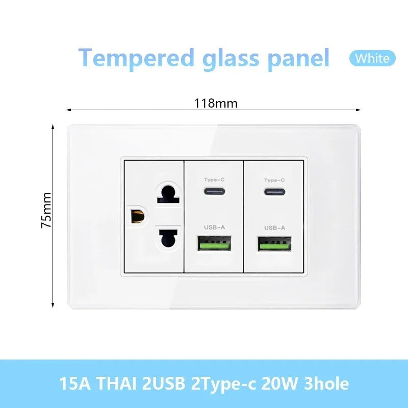 Tomada de parede de carga rápida usb inteligente tipo-c 20w americana, painel d