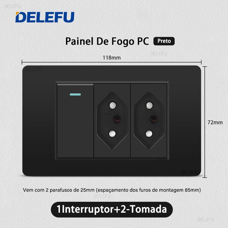 DELEFU Painel PC Fireproof Duplo USB Tipo C Carga Brasil Tomada Padrão Parede P