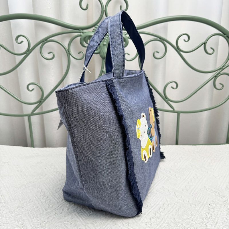 Bolsa de bordados de grande capacidade para mulheres, sacola jeans, urso bonito,