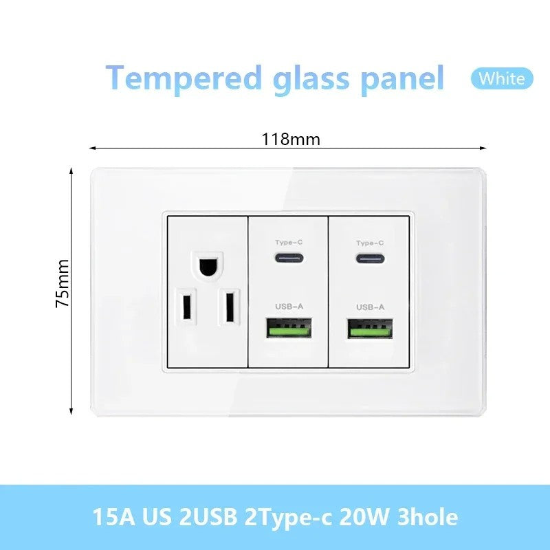 Tomada de parede de carga rápida usb inteligente tipo-c 20w americana, painel d