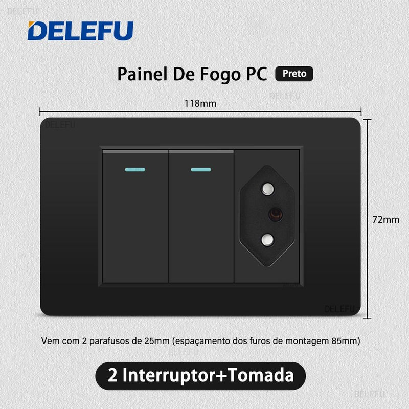 DELEFU Painel PC Fireproof Duplo USB Tipo C Carga Brasil Tomada Padrão Parede P