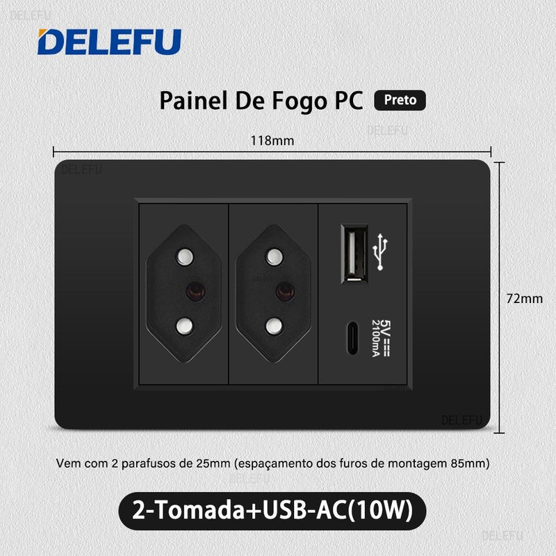 DELEFU Painel PC Fireproof Duplo USB Tipo C Carga Brasil Tomada Padrão Parede P