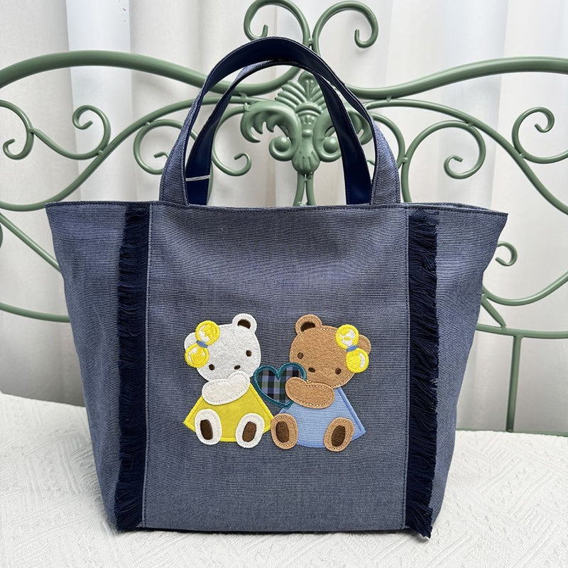 Bolsa de bordados de grande capacidade para mulheres, sacola jeans, urso bonito,