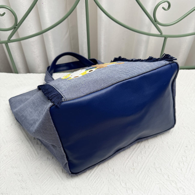 Bolsa de bordados de grande capacidade para mulheres, sacola jeans, urso bonito,