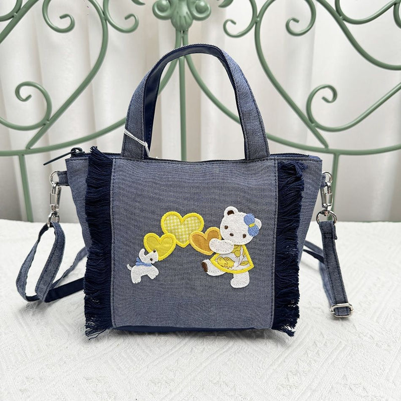 Bolsa de bordados de grande capacidade para mulheres, sacola jeans, urso bonito,