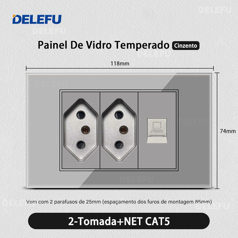 DELEFU Temperado Vidro Cinza Brasil Standard Outlet Dual Usb Tipo C Suíça Wall
