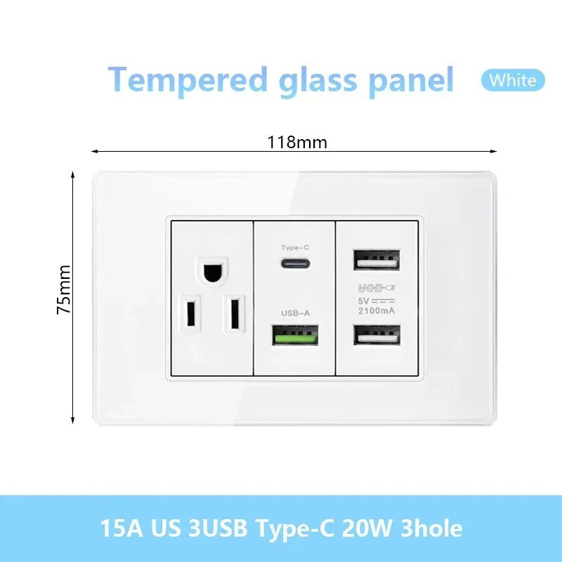 Tomada de parede de carga rápida usb inteligente tipo-c 20w americana, painel d