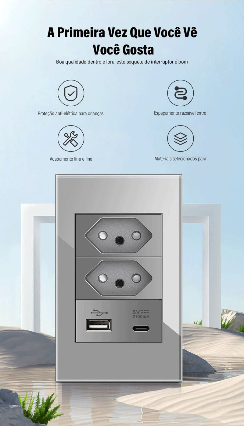 DELEFU Temperado Vidro Cinza Brasil Standard Outlet Dual Usb Tipo C Suíça Wall