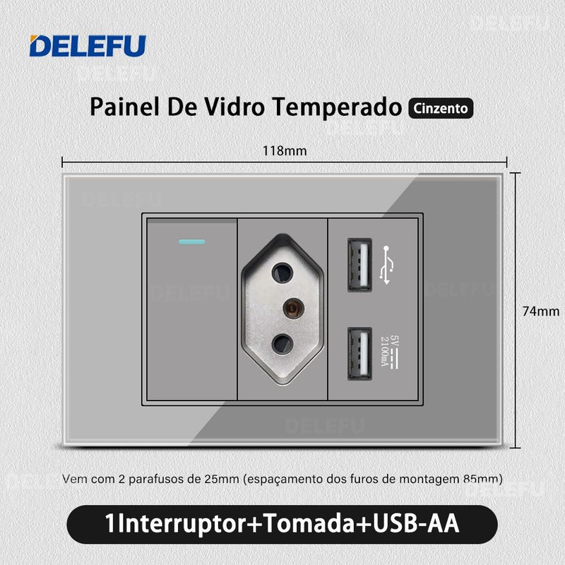 DELEFU Temperado Vidro Cinza Brasil Standard Outlet Dual Usb Tipo C Suíça Wall