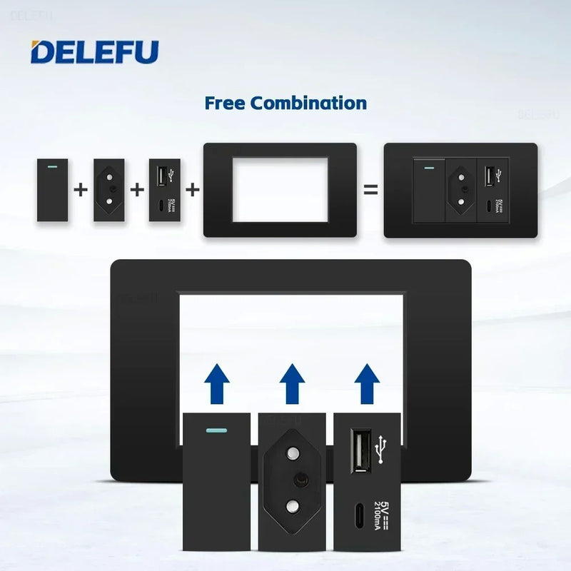DELEFU Painel PC Fireproof Duplo USB Tipo C Carga Brasil Tomada Padrão Parede P