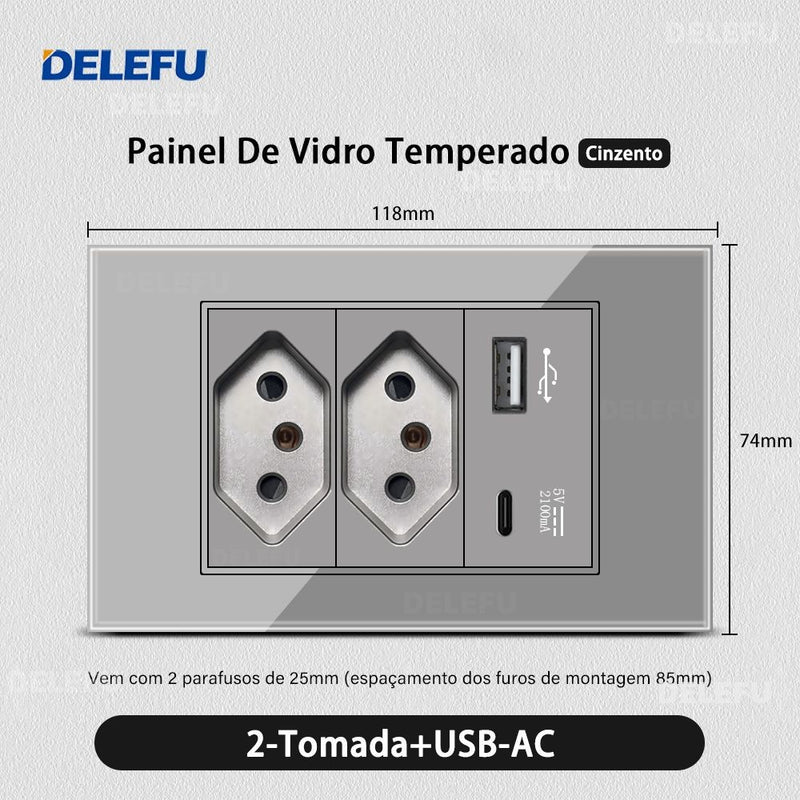 DELEFU Temperado Vidro Cinza Brasil Standard Outlet Dual Usb Tipo C Suíça Wall