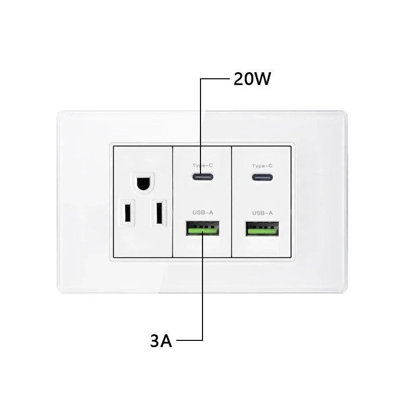 Tomada de parede de carga rápida usb inteligente tipo-c 20w americana, painel d