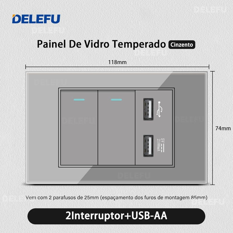 DELEFU Temperado Vidro Cinza Brasil Standard Outlet Dual Usb Tipo C Suíça Wall