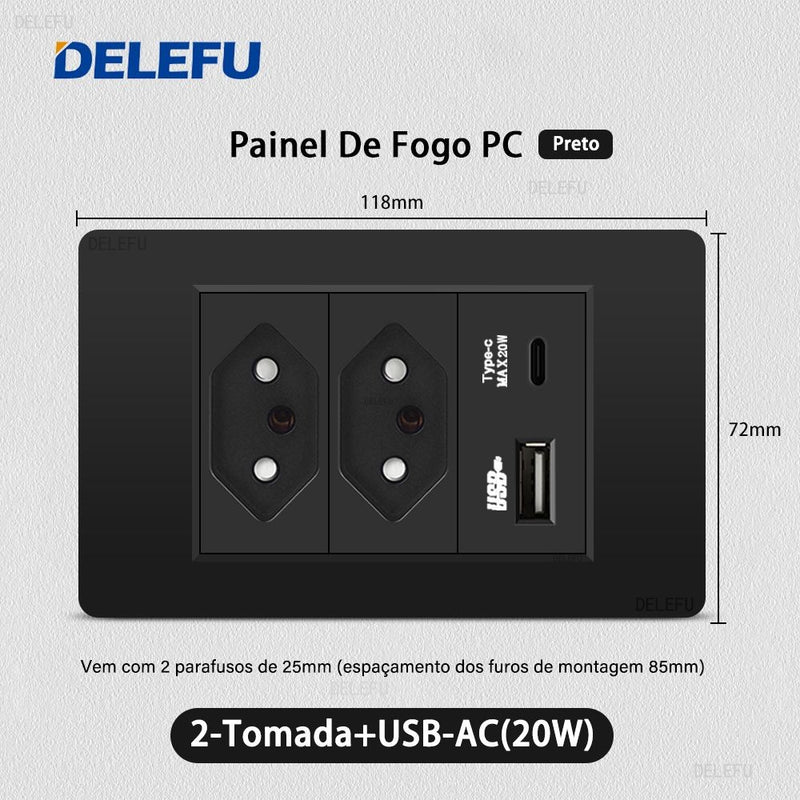 DELEFU Painel PC Fireproof Duplo USB Tipo C Carga Brasil Tomada Padrão Parede P
