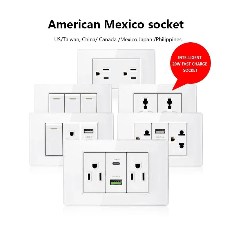 Tomada de parede de carga rápida usb inteligente tipo-c 20w americana, painel d