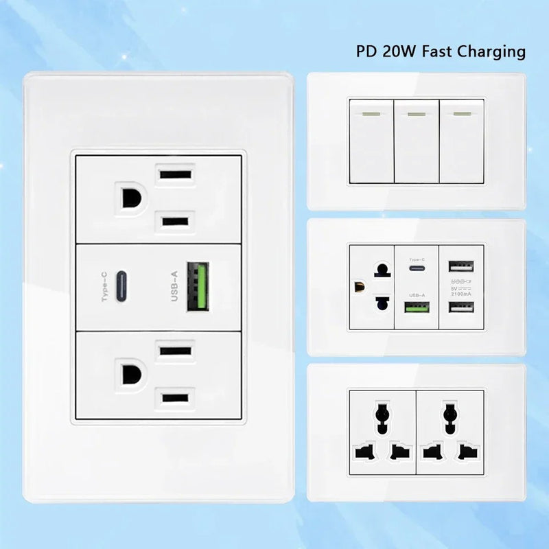 Tomada de parede de carga rápida usb inteligente tipo-c 20w americana, painel d