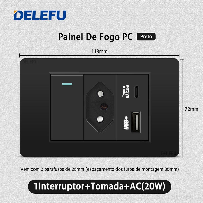 DELEFU Painel PC Fireproof Duplo USB Tipo C Carga Brasil Tomada Padrão Parede P