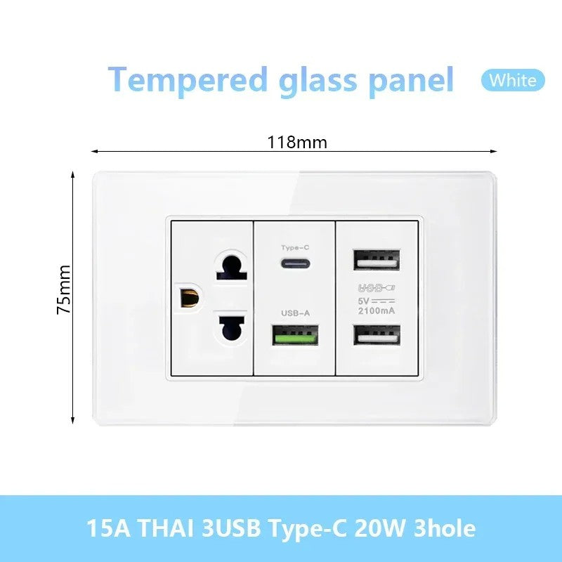 Tomada de parede de carga rápida usb inteligente tipo-c 20w americana, painel d
