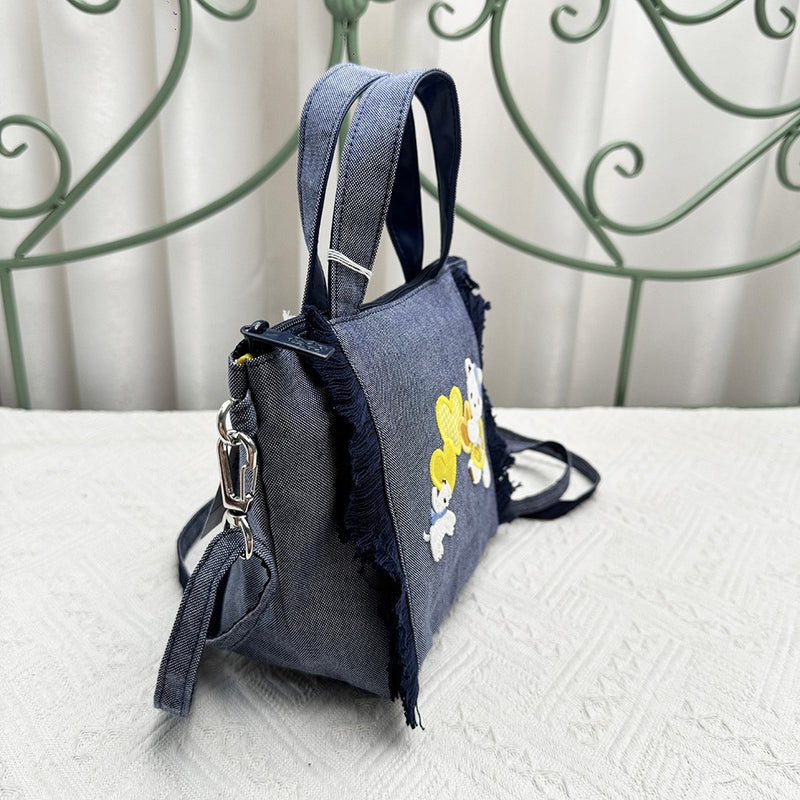 Bolsa de bordados de grande capacidade para mulheres, sacola jeans, urso bonito,