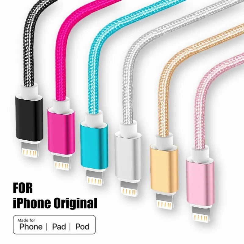 Cabo carregador usb trançado de nylon metálico para iphone 14 8 7 6s plus x xr