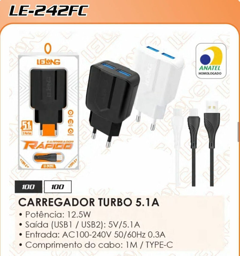 CARREGADOR VIAGEM TIPO C LE-242FC/LE-230FC LE-231FC LE-230FC LE 233FC Código LE-242FC/230FC