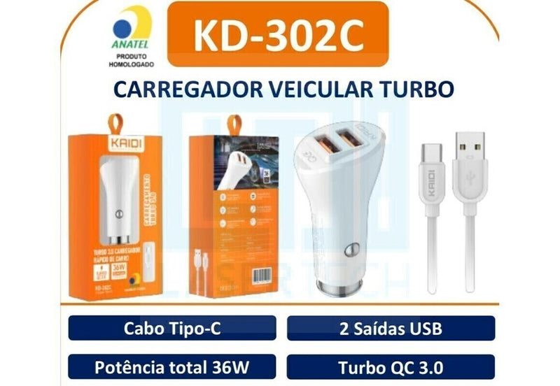 CARREGADOR VEICULAR TIPO C KD-302C Código KD-302C