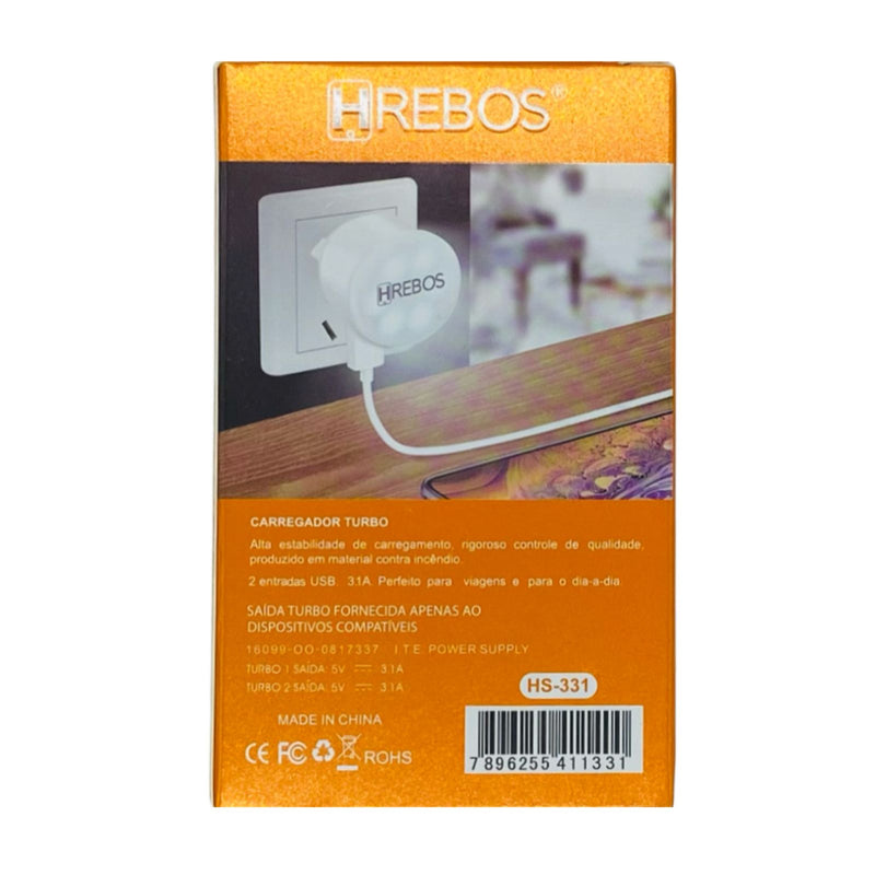 Fonte Carregador Celular HRebos Com Lâmpada 3.1A HS-331
